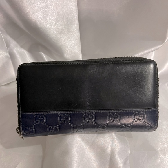 GUCCI Guccisima Navy and Black Leather Round Zipper Long Wallet - Picture 1 of 12